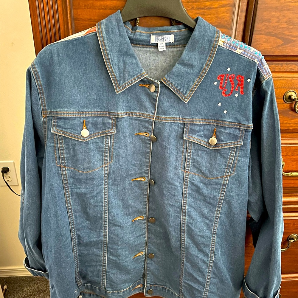 Embroidered Denim Jacket with Red and Blue Accents